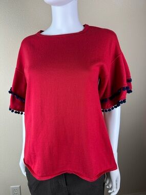 Red Short-Sleeve Pom Pom Trim Women's Top